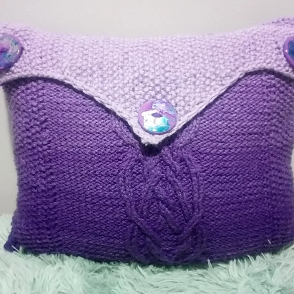 Hand Crafted Knit Throw Pillow Purple Cable Hand Painted Resin Buttons D…